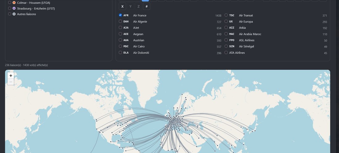 Carte Vols total avec la compagnie Air France cochée : 236 liaisons et 1438 vols affichés