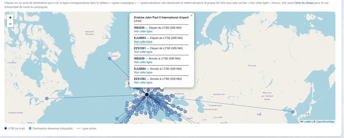 Carte des lignes d'un hub : fenêtre listant les vols vers Cracovie (EPKK) avec un lien Voir cette ligne