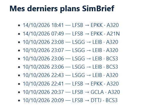 Liste Mes derniers plans SimBrief : date, trajet et type d'appareil de chaque plan
