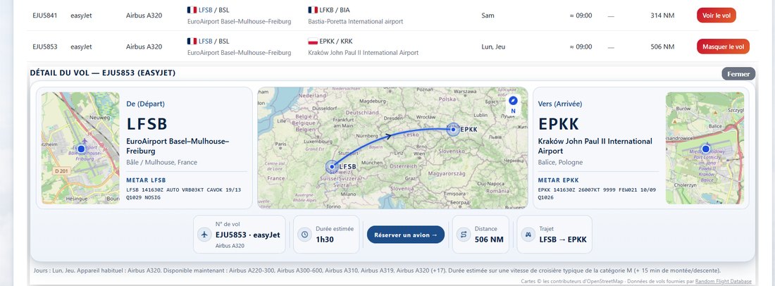 Détail d'un vol depuis la fiche d'un hub : cartes des deux aéroports, tracé du vol, durée, distance et bouton Réserver un avion