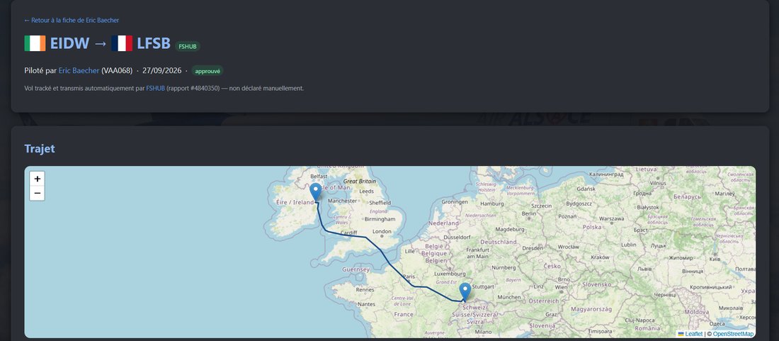 Détail d'un vol suivi par FSHUB : en-tête du rapport et carte du trajet entre Dublin et Bâle-Mulhouse