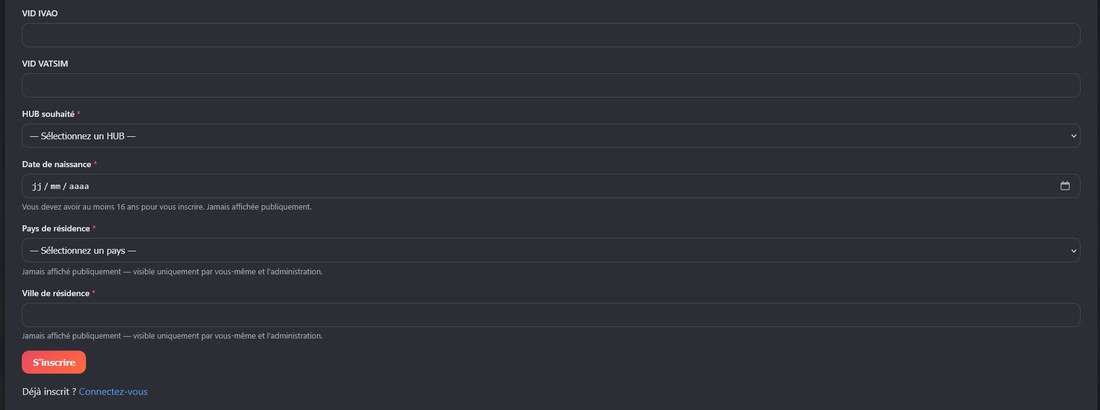 Formulaire d'inscription, seconde partie : VID IVAO, VID VATSIM, HUB souhaité, date de naissance, pays et ville de résidence, bouton S'inscrire