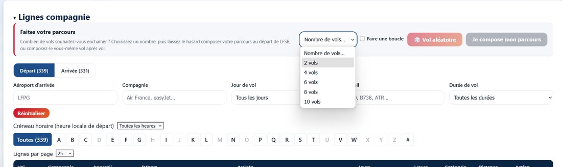 Menu Nombre de vols de l'encadré Faites votre parcours : 2, 4, 6, 8 ou 10 vols