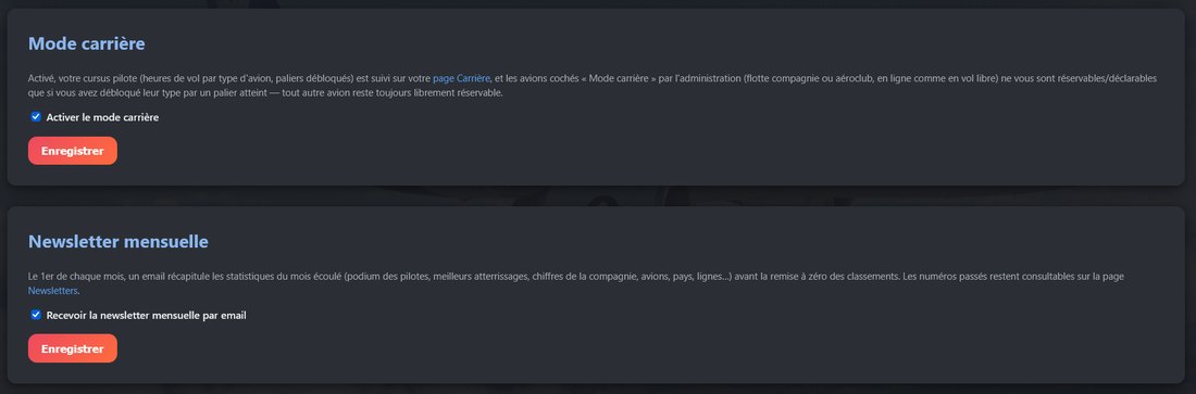 Mon compte : encadrés Mode carrière et Newsletter mensuelle avec leurs cases à cocher et leur bouton Enregistrer