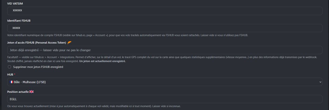 Mon compte : VID VATSIM, identifiant FSHUB, jeton d'accès FSHUB déjà enregistré, HUB et position actuelle