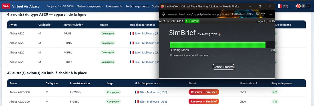 Fenêtre SimBrief qui s'ouvre après Réserver + SimBrief : génération du plan LFSB vers EPKK