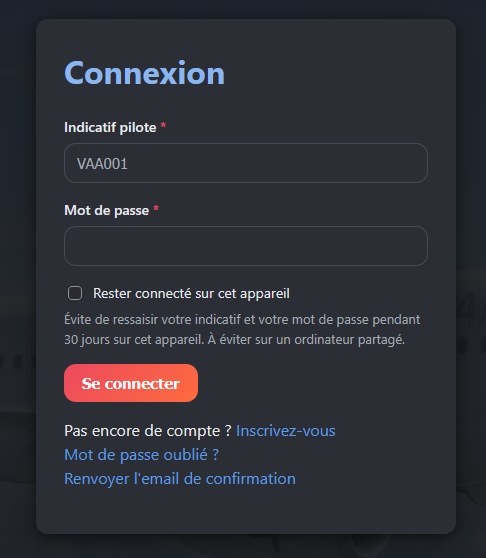 Page Connexion : champs Indicatif pilote et Mot de passe, case « Rester connecté sur cet appareil », bouton Se connecter et liens Inscrivez-vous, Mot de passe oublié, Renvoyer l'email de confirmation