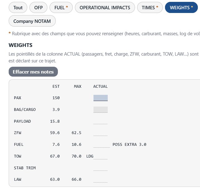 Rubrique WEIGHTS : passagers, fret, charge, ZFW, carburant, TOW et LAW avec la colonne ACTUAL à renseigner