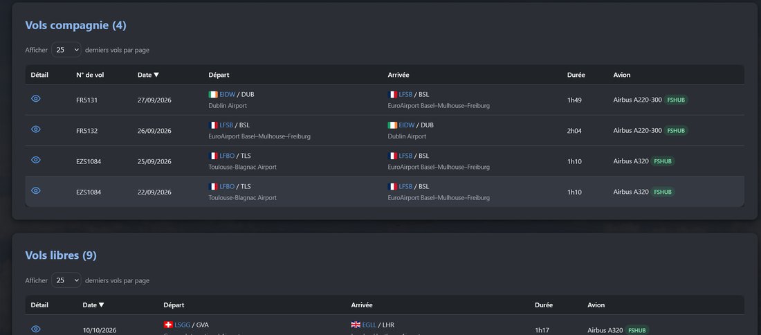 Tableaux Vols compagnie et Vols libres d'un pilote, avec l'icône œil de détail et le badge FSHUB